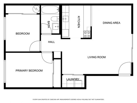 Floor plan for 2 beds, 1 bath, 950 sqft